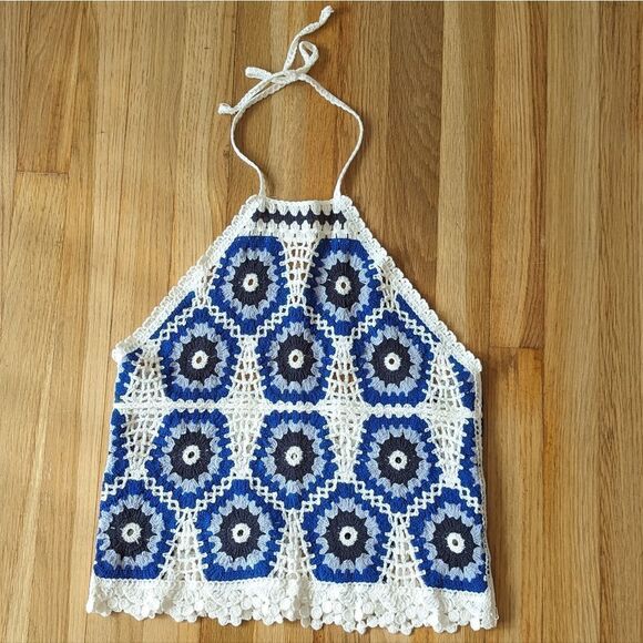 Tops - Granny Square evil eye crochet blue and white halterneck tank top